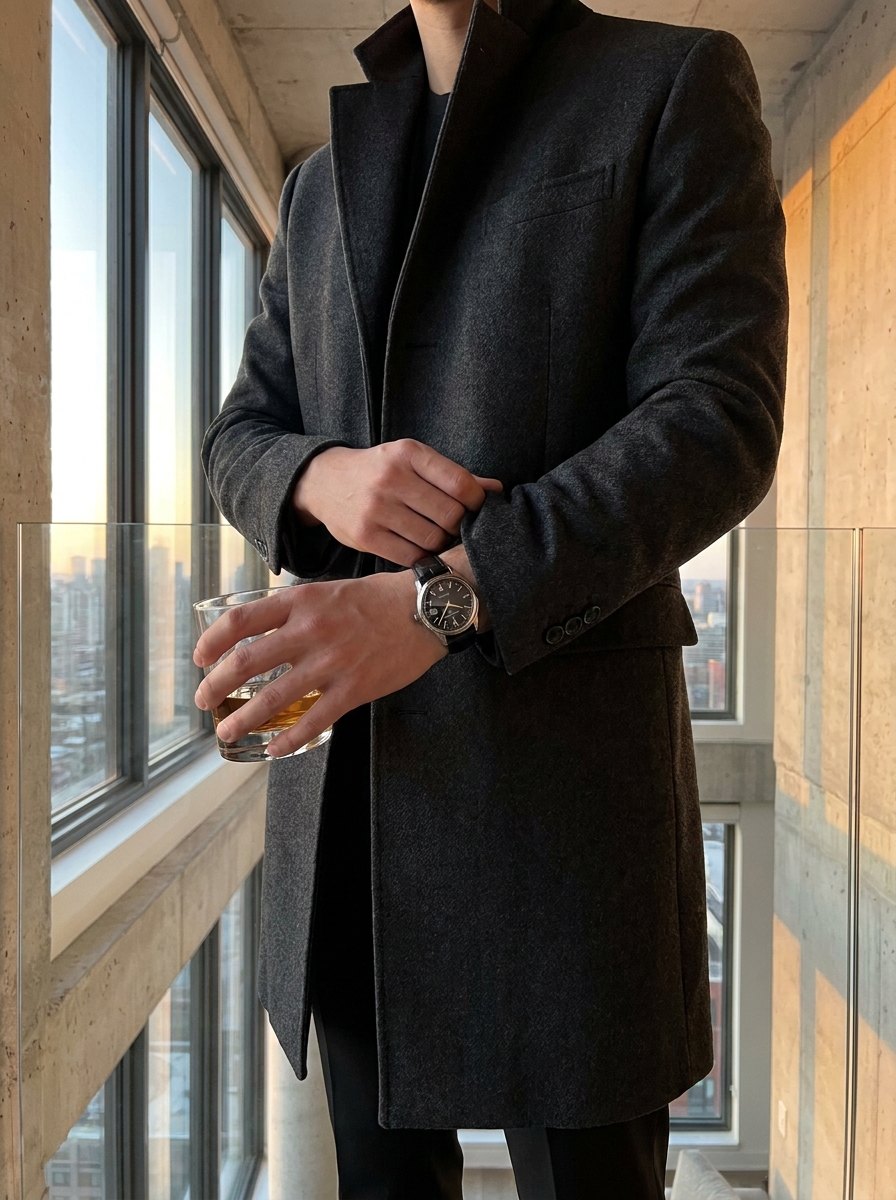 A collector in a tailored dark coat, wearing a refined mechanical wristwatch, beside floor-to-ceiling windows overlooking a cityscape at dusk.