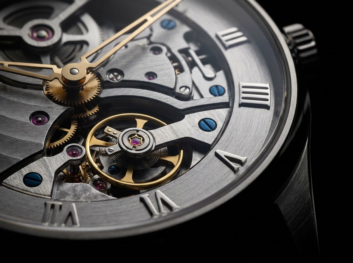 Hands of a master watchmaker using brass tweezers to place a balance spring into a jewel bearing under moody studio light.